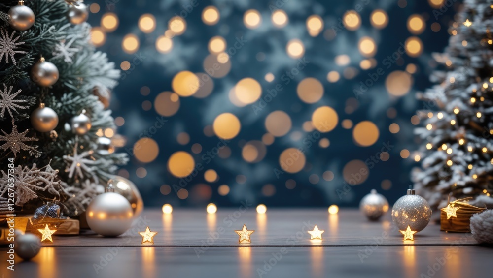 Elegant festive background with glowing bokeh lights and decorative stars amidst Christmas trees and ornaments for a joyful holiday atmosphere Elegant festive background with glowing bokeh lights and decorative stars amidst Christmas trees and ornaments for a joyful holiday atmosphere