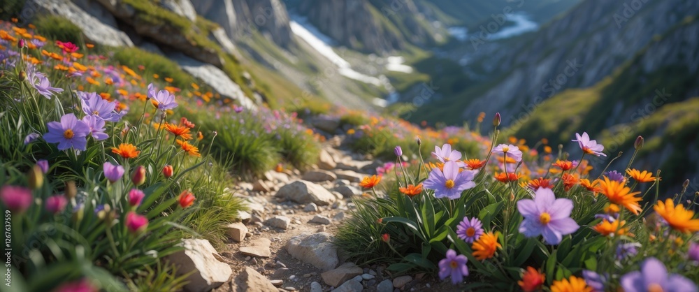 Obraz premium Vibrant Wildflowers Blossoming Along Scenic Mountain Hiking Trail During Summer Day