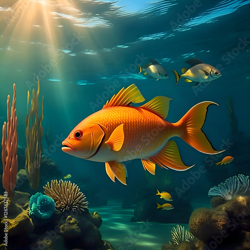A realistic tropical fish swimming gracefully in the clear blue ocean. The fish has vibrant shades of blue, yellow, and orange. Sunlight filters through the water, background features gentle waves.