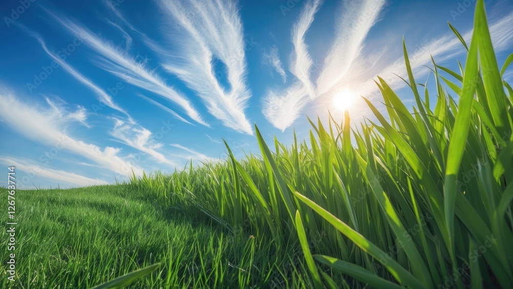 Fototapeta premium Lush Green Grass Under a Vibrant Blue Sky with White Clouds and Sunlight Perfect for Natural Backgrounds and Scenic Backdrops