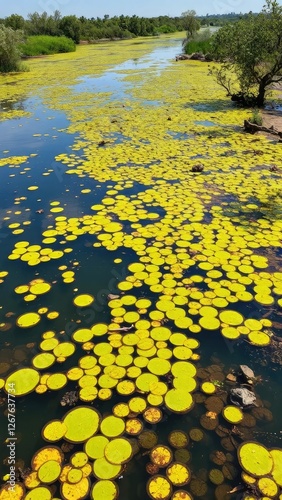 Riverbank algae bloom due to excess nutrients in the water, water pollution, eutrophication photo