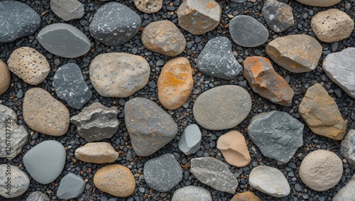 Natural River Rocks and Pebbles in Various Textures and Colors for Landscape Design and Construction Background or Decorative Uses photo