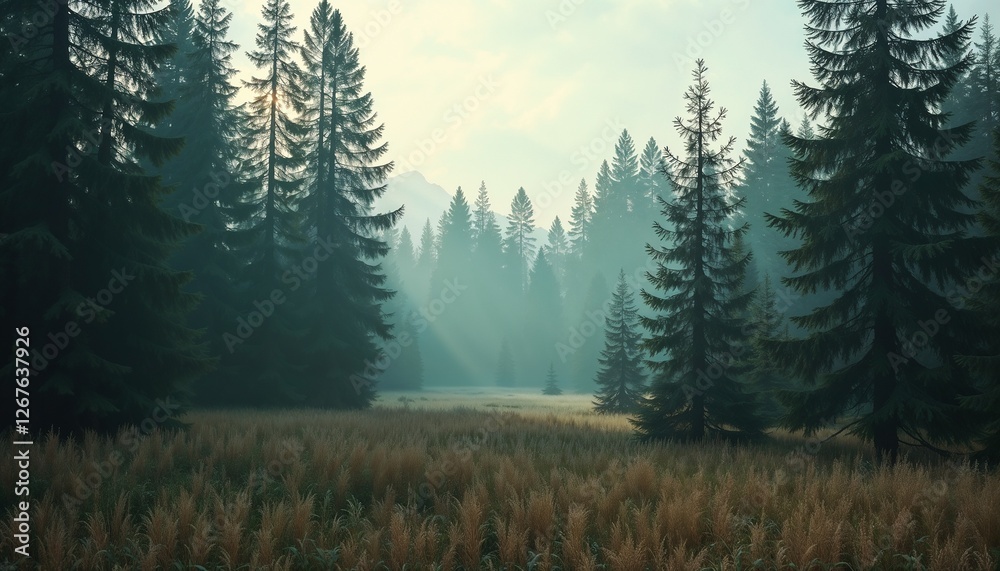 Fototapeta premium Misty forest with tall trees and soft sunlight filtering through.