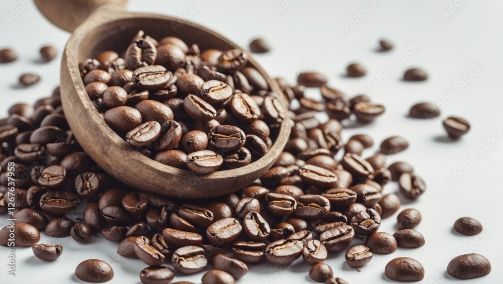 Fototapeta premium Coffee Beans in a Wooden Spoon on a White Background Ideal for Marketing Labels Signs and Announcements Related to Coffee Products