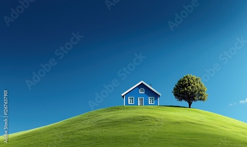 Blue house stands on a lush green hill under a clear blue sky