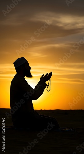 Silhouette of a man praying at sunset, raising hands in devotion, surrounded by the golden glow of the sky symbolizing faith and worship photo