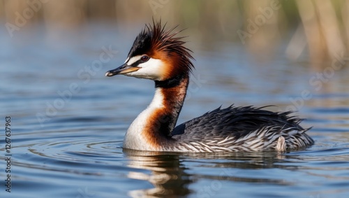 Great Crested Grebe Swimming Gracefully on Calm Waters with Reflections in Natural Habitat photo