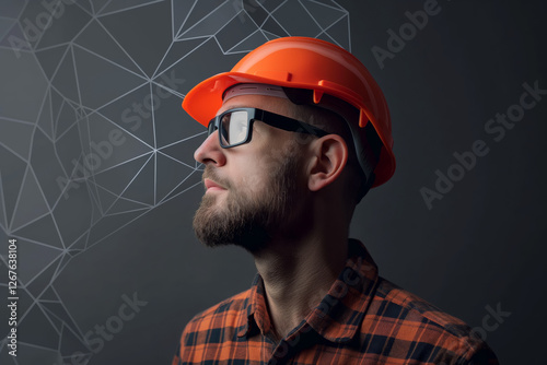 Man in Hard Hat and Glasses Looking Up with Geometric Background photo