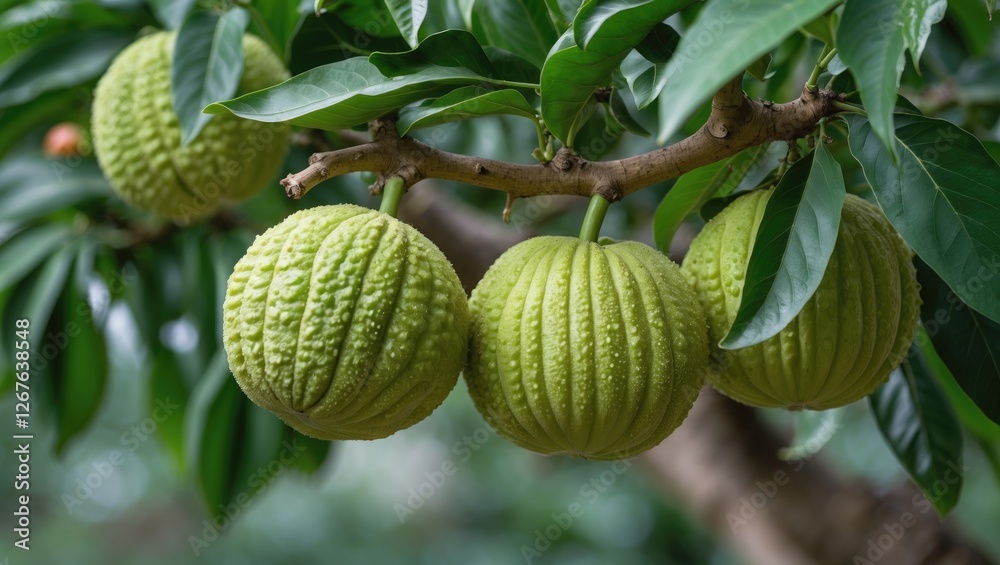 Obraz premium Ripening Green Pomelo Fruit Hanging on Tree Branch Surrounded by Vibrant Green Leaves in Lush Tropical Environment