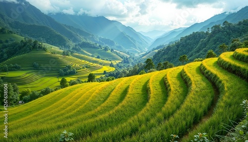 Terraced rice fields on hills surrounded by mountains and greenery, landscape photography style