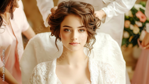 Elegant bride at beauty salon, preparing for wedding ceremony with hairstylist assistance and floral backdrop.