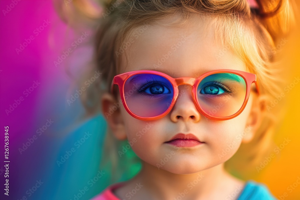 Child with colorful sunglasses posing against a vibrant background in bright daylight Child with colorful sunglasses posing against a vibrant background in bright daylight