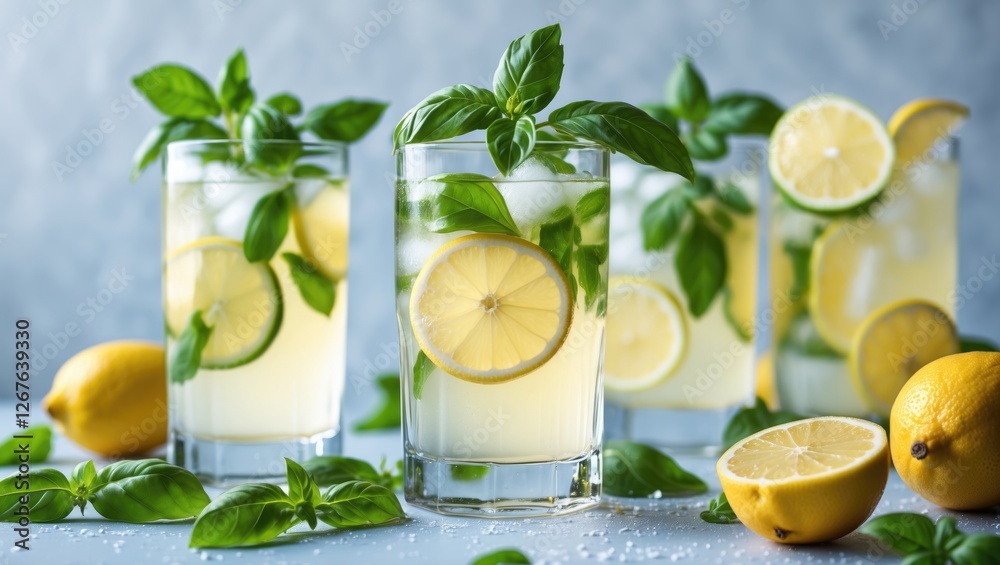 Fototapeta premium Refreshing Basil Lemonade with Slices of Lemon in Elegant Glasses Surrounded by Fresh Ingredients on a Light Background