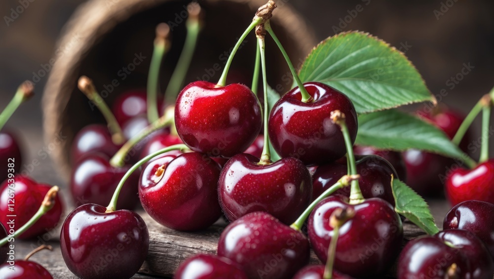 Juicy Ripe Cherries with Green Leaves on Rustic Wooden Surface in Natural Light Juicy Ripe Cherries with Green Leaves on Rustic Wooden Surface in Natural Light