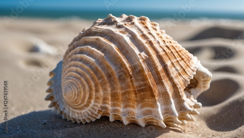 Fossilized Shell Resting on Sandy Beach with Clear Ocean Background and Natural Sunlight Highlighting Textured Patterns
