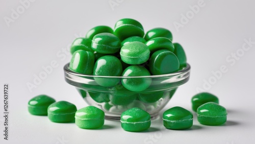 Green glossy candies in a transparent bowl with scattered pieces on a clean white background for sweet treats and confectionery themes