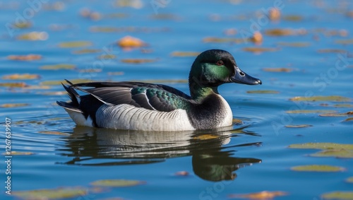 Greater Scaup swimming gracefully on a serene water surface with reflections of a clear blue sky and scattered floating leaves. photo