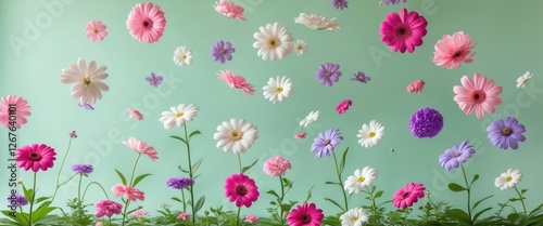 Wallpaper Mural Trendy Summer Flowers Levitating Against Pastel Green Background Colorful Pink White Purple Floral Arrangement Surreal Aesthetic Concept Torontodigital.ca