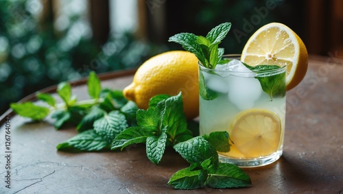 Lemon and Mint Cocktail Ingredients with Fresh Lemon and Mint Leaves on Rustic Table Environment photo