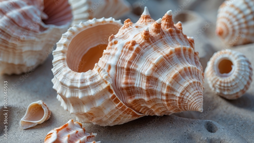 Giant Conch Shell Cluster Closeup on Sandy Beach with Text Space for Advertising or Design Purposes Giant Conch Shell Cluster Closeup on Sandy Beach with Text Space for Advertising or Design Purposes