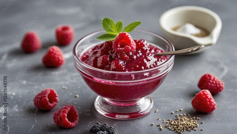 Raspberry jam in a glass bowl surrounded by fresh raspberries and ingredients on a stylish gray background.
