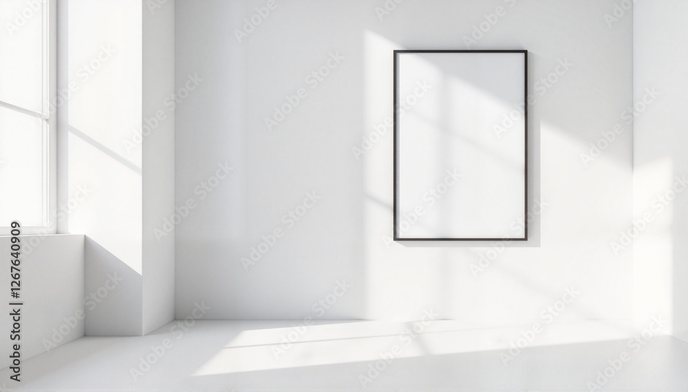 Empty floating picture frame on a minimalistic white wall with soft shadows and natural light streaming in Empty floating picture frame on a minimalistic white wall with soft shadows and natural light streaming in