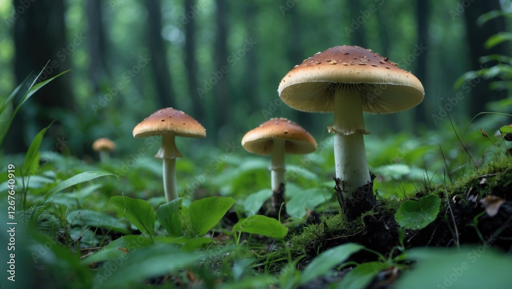 Enchanting forest scene featuring vibrant mushrooms surrounded by lush green foliage and natural sunlight highlighting the serene environment. Enchanting forest scene featuring vibrant mushrooms surrounded by lush green foliage and natural sunlight highlighting the serene environment.