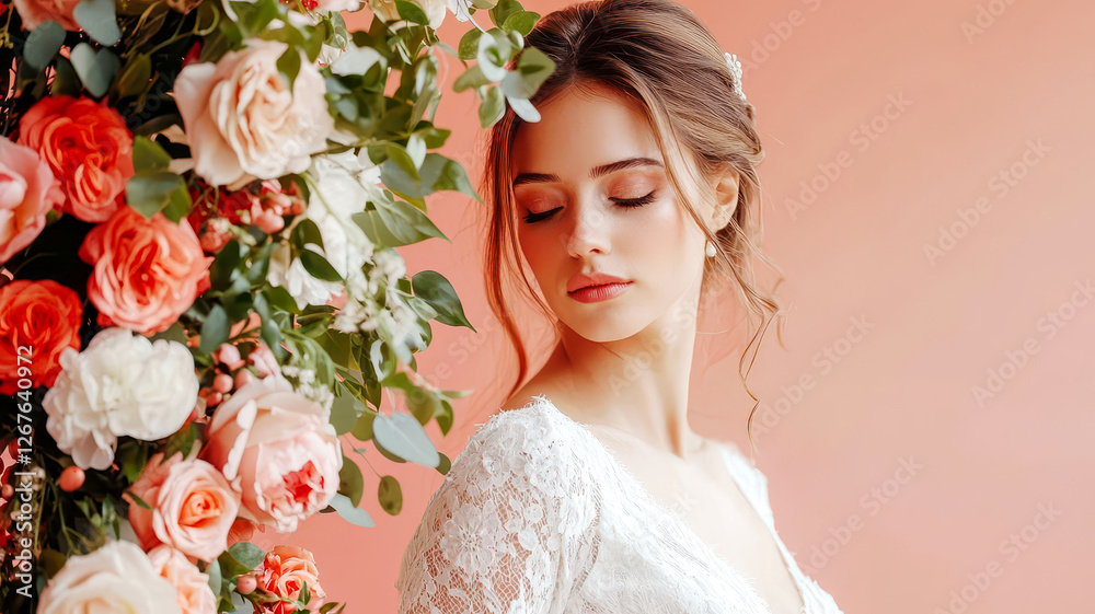 Naklejka premium Elegant bride in wedding dress, captured from behind, adorned with beautiful floral backdrop, exuding grace and romance.