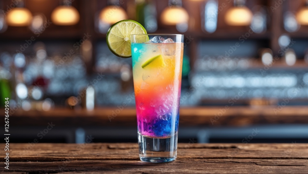 Vibrant Layered Cocktail With Vodka Garnished With Lime Slice On Rustic Wooden Bar Counter Vibrant Layered Cocktail With Vodka Garnished With Lime Slice On Rustic Wooden Bar Counter