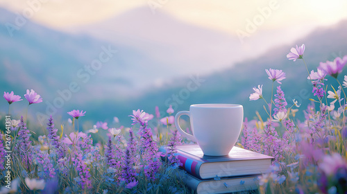 Serene Morning Tea in Blooming Meadow with Mountains in Soft Pastel Sunrise Glow