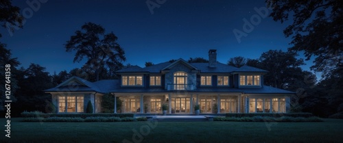 Elegant Blue Night View of Luxurious Home with Illuminated Windows and Lush Surroundings Ideal for Text Overlay photo