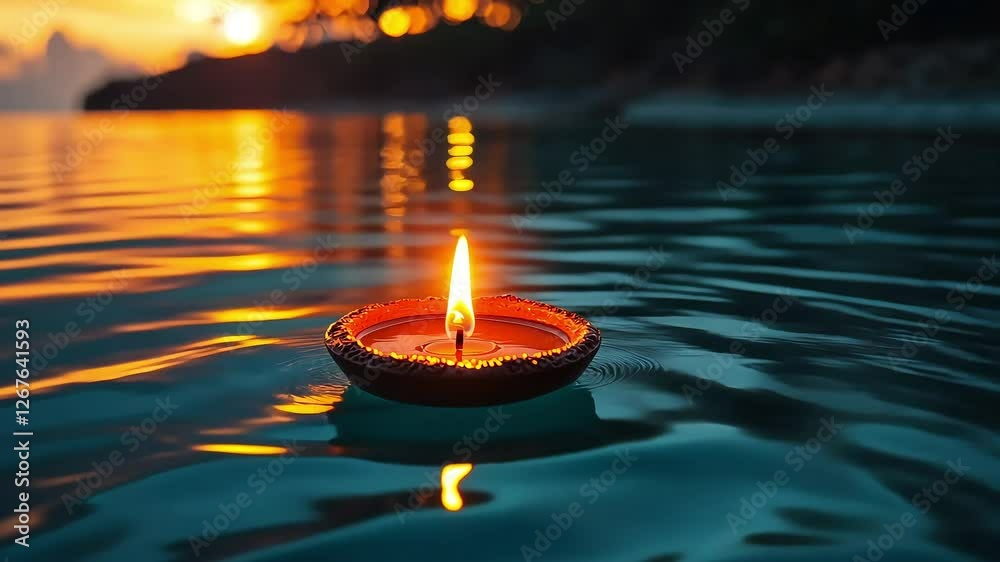 Diya oil lamp floating in water on sunset background. Burning diya lamp in water on beautiful background. Diwali, Makar Sankranti, Pongal.	