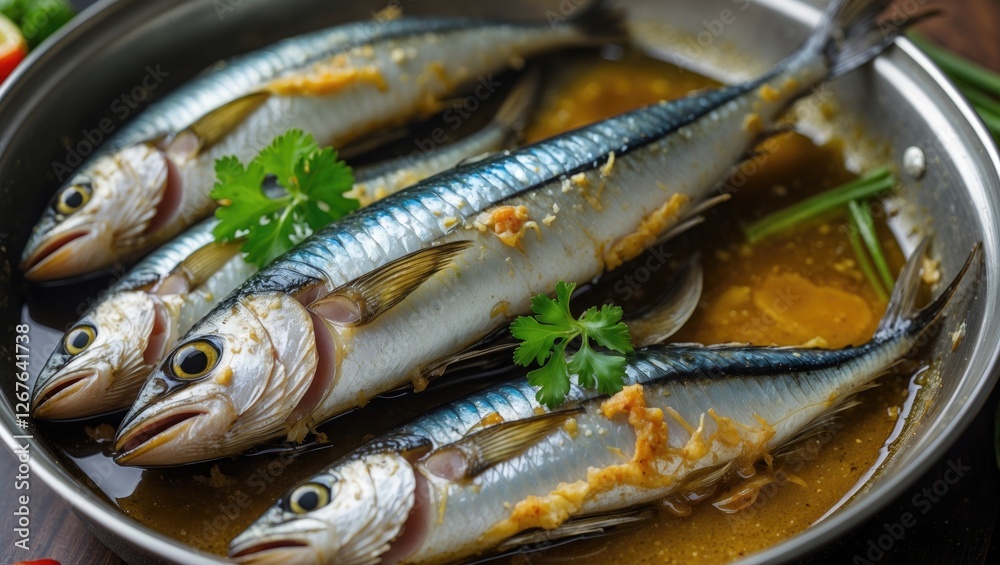 Fried Mackerel served in flavorful fish oil sauce garnished with fresh herbs and spices in a metal pan with empty space for text Fried Mackerel served in flavorful fish oil sauce garnished with fresh herbs and spices in a metal pan with empty space for text