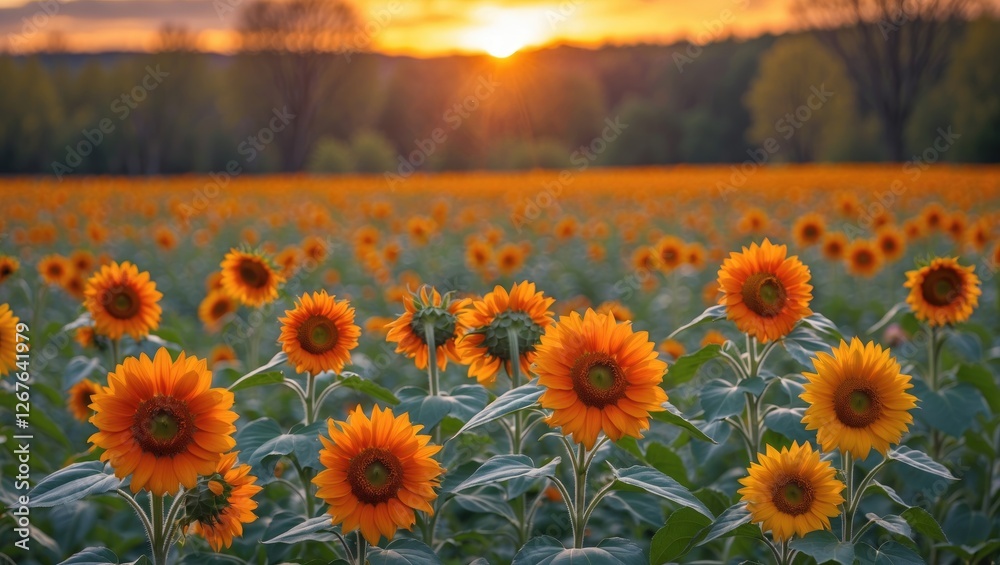 Obraz premium Vibrant sunflower field at sunset with orange blossoms and green foliage capturing the essence of summer and spring beauty.