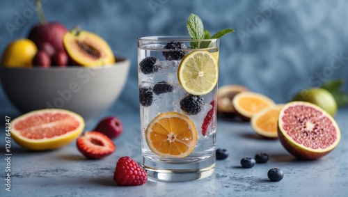 Refreshing infused water with vibrant sliced fruits and mint leaves, beautifully arranged with a bowl of assorted fruits in the background. photo