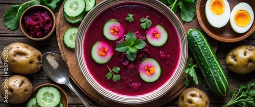 Wallpaper Mural Cold Borscht Summer Beet Soup with Fresh Vegetables and Boiled Eggs Displayed on Wooden Table Top View with Empty Space for Text Torontodigital.ca