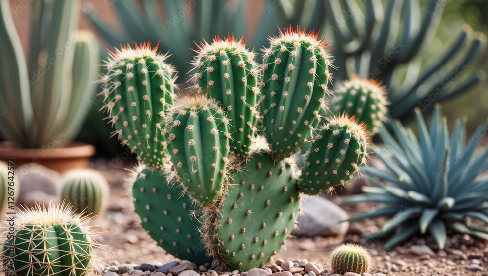 Vibrant green cactus with sharp thorns surrounded by various succulents in a serene desert garden setting. Vibrant green cactus with sharp thorns surrounded by various succulents in a serene desert garden setting.