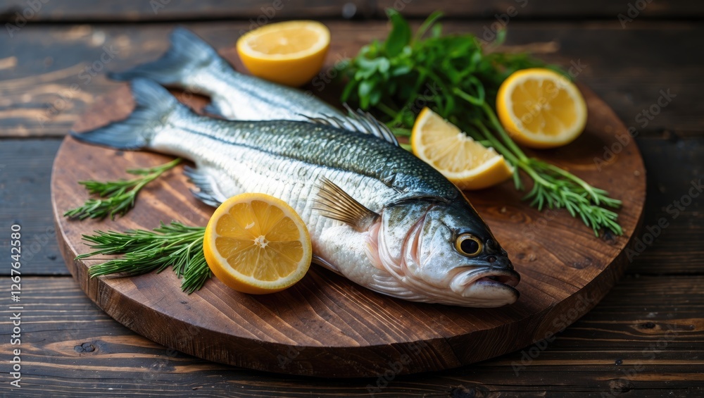 Freshly Caught Sea Bass with Lemon Slices and Herbs on Rustic Wooden Cutting Board Freshly Caught Sea Bass with Lemon Slices and Herbs on Rustic Wooden Cutting Board
