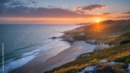 Tranquil Coastal Sunset Over Ocean Waves and Beach Landscape with Rolling Green Hills