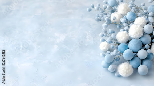 Blue winter berries on pastel background, holiday card design