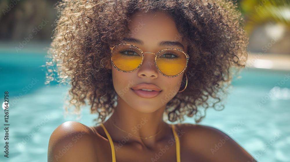 Stylish young woman with curly hair wearing trendy round sunglasses by the pool, summer vibes, tanned skin, vibrant fashion, luxury resort, tropical holiday, perfect for lifestyle and travel content
Stylish young woman with curly hair wearing trendy round sunglasses by the pool, summer vibes, tanned skin, vibrant fashion, luxury resort, tropical holiday, perfect for lifestyle and travel content