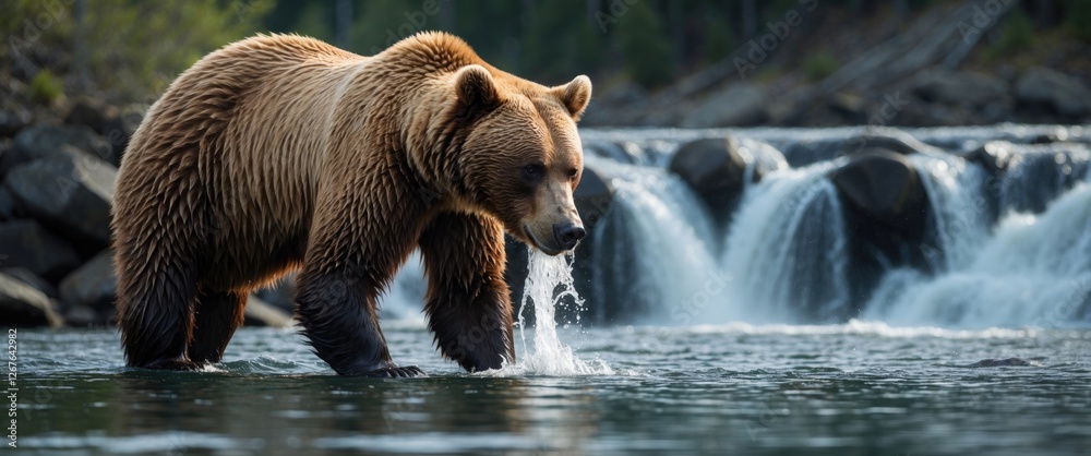 Fototapeta premium Grizzly Bear Fishing Salmon in Flowing River with Waterfall Scenic Background and Blank Space for Text and Advertising Needs