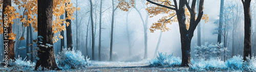 Mystical Frosted Forest with Golden Leaves and a Serene Wintery Atmosphere
