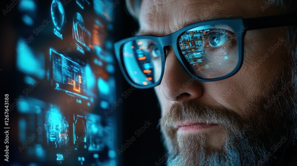 Focused man in glasses examines holographic data display Focused man in glasses examines holographic data display