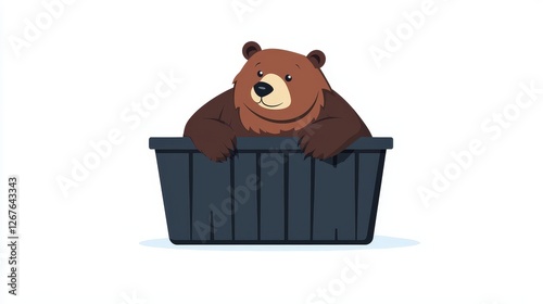 A playful bear sitting inside a trash can, portraying urban wildlife and environmental awareness