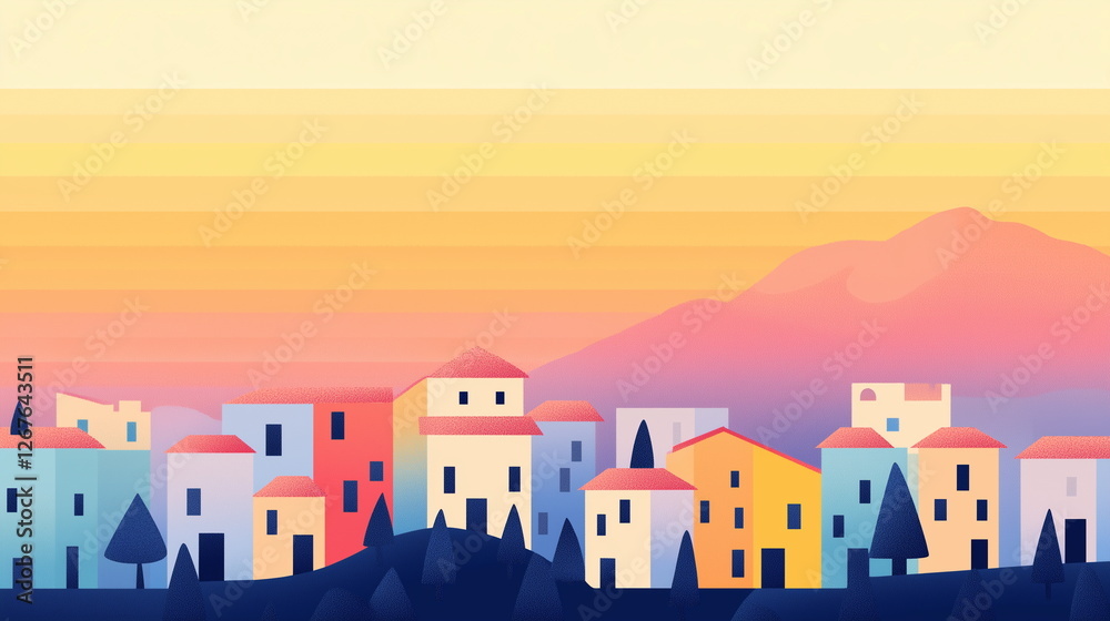 Fototapeta premium A distant view of a charming village at the bottom, with majestic mountains in the upper right. Soft, healing colors in a children's illustration style, using color blocks and a flat design.