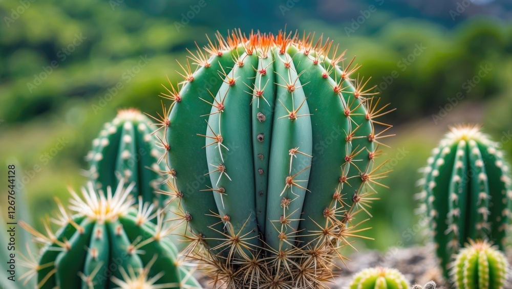 Vibrant Close-Up of Succulent Cactus Surrounded by Lush Green Landscape Ideal for Tropical Travel and Nature Photography. Vibrant Close-Up of Succulent Cactus Surrounded by Lush Green Landscape Ideal for Tropical Travel and Nature Photography.