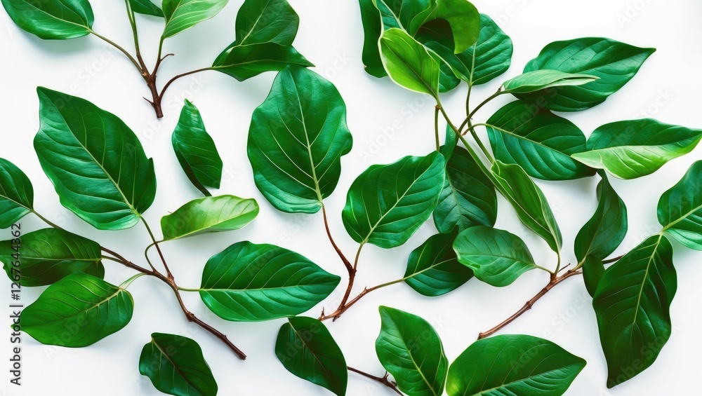 Vibrant Green Leaves Spread on Clean White Surface for Natural Textures and Botanical Illustrations Vibrant Green Leaves Spread on Clean White Surface for Natural Textures and Botanical Illustrations