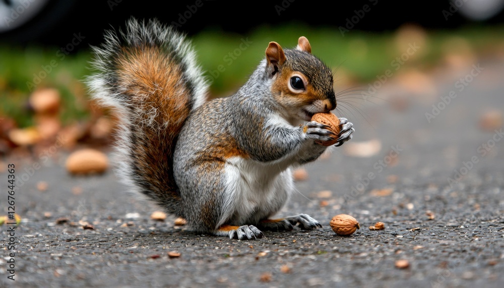 Fototapeta premium Squirrel eating a nut in the forest with autumn leaves falling. Wildlife scene