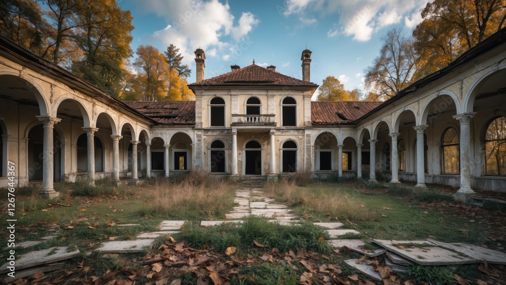 Obraz premium Abandoned Beocin Manor in Serbia Surrounded by Autumn Foliage Showcasing Historical Architecture and Nature's Reclamation